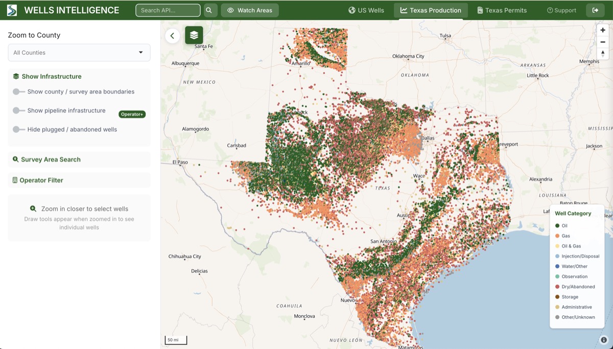 Wells Intelligence: Texas wells map with production data and permit tracking